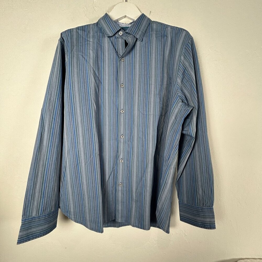 Tommy Bahama Men Striped Long-Sleeve Button-Up Shirt Large Blue Green Silk Blend
